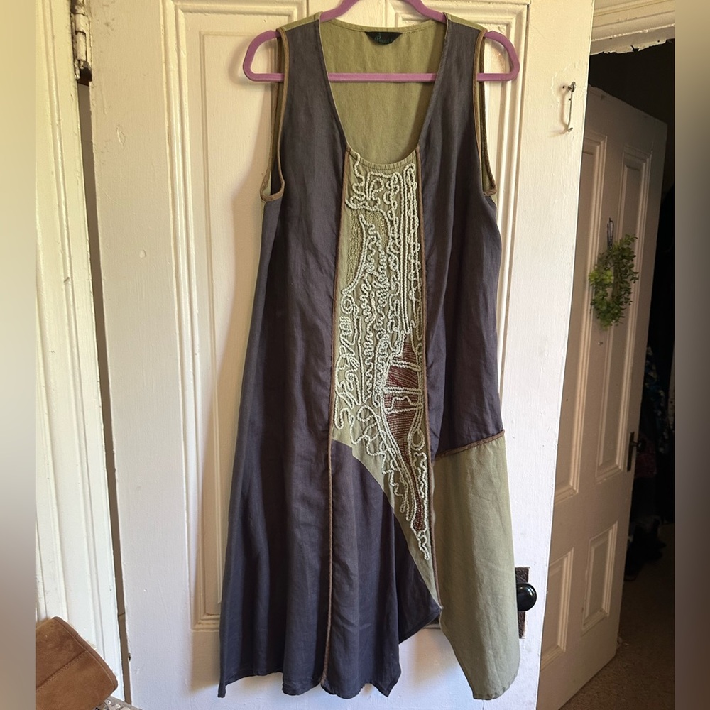 Sleeveless Purple and Sage Patchwork Midi Dress with Embroidered Front Panel